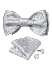 Silver Grey Floral Silk Bowtie Pocket Square Cufflinks Set
