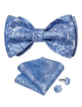 Light Blue Floral Silk Bowtie Pocket Square Cufflinks Set