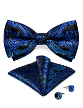Black Blue Paisley Silk Bowtie Pocket Square Cufflinks Set