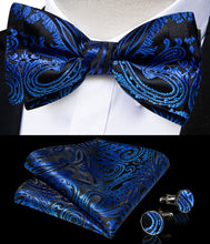 Black Blue Paisley Silk Bowtie Pocket Square Cufflinks Set