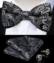 Black Silver Paisley Silk Bowtie Pocket Square Cufflinks Set