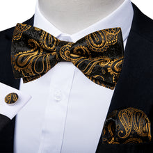 Black Golden Paisley Silk Bowtie Pocket Square Cufflinks Set