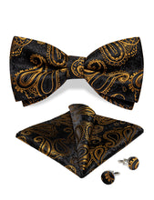 Black Golden Paisley Silk Bowtie Pocket Square Cufflinks Set