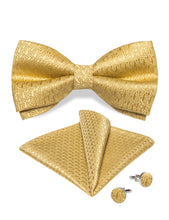 Champagne Golden Geometric Silk Bowtie Pocket Square Cufflinks Set