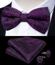 Purple Red Floral Silk Bowtie Pocket Square Cufflinks Set