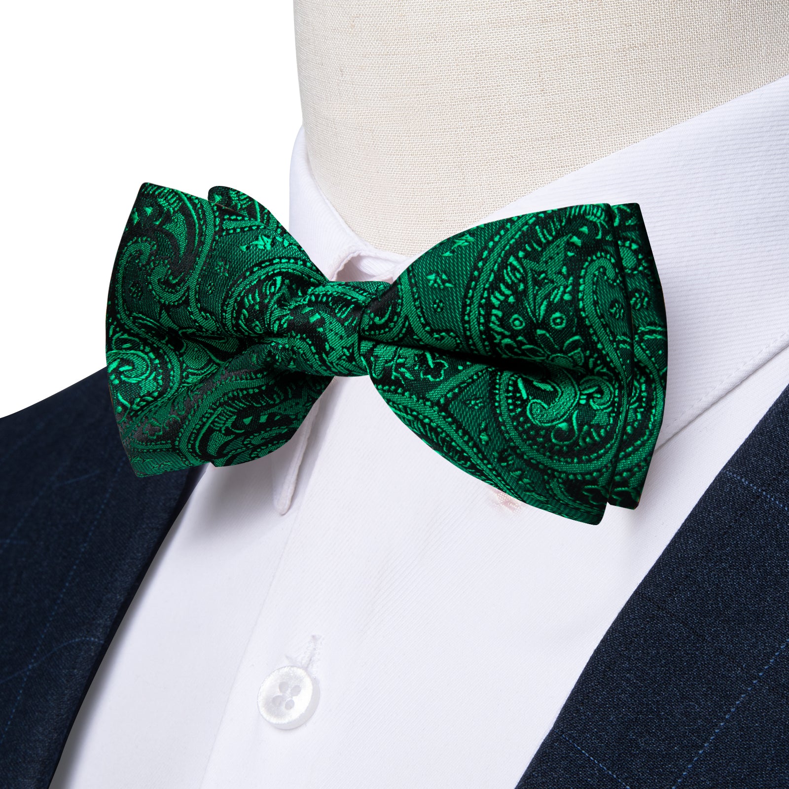 Green Paisley Silk Bowtie Pocket Square Cufflinks Set