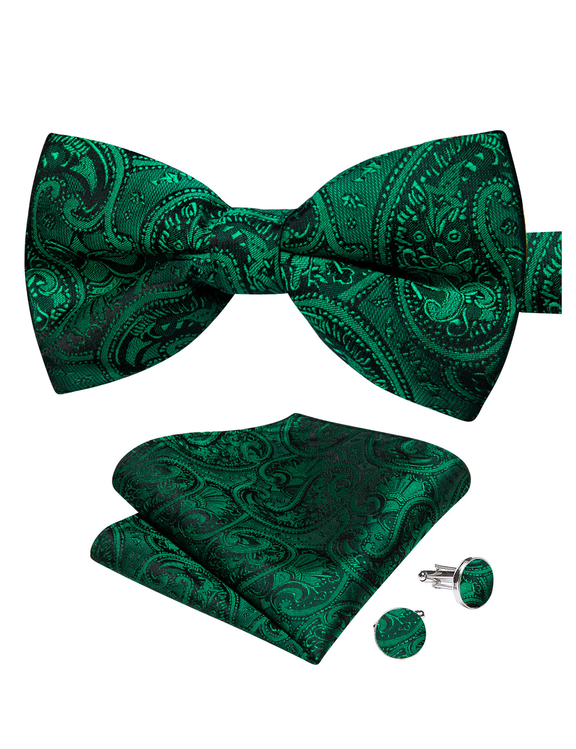 Green Paisley Silk Bowtie Pocket Square Cufflinks Set