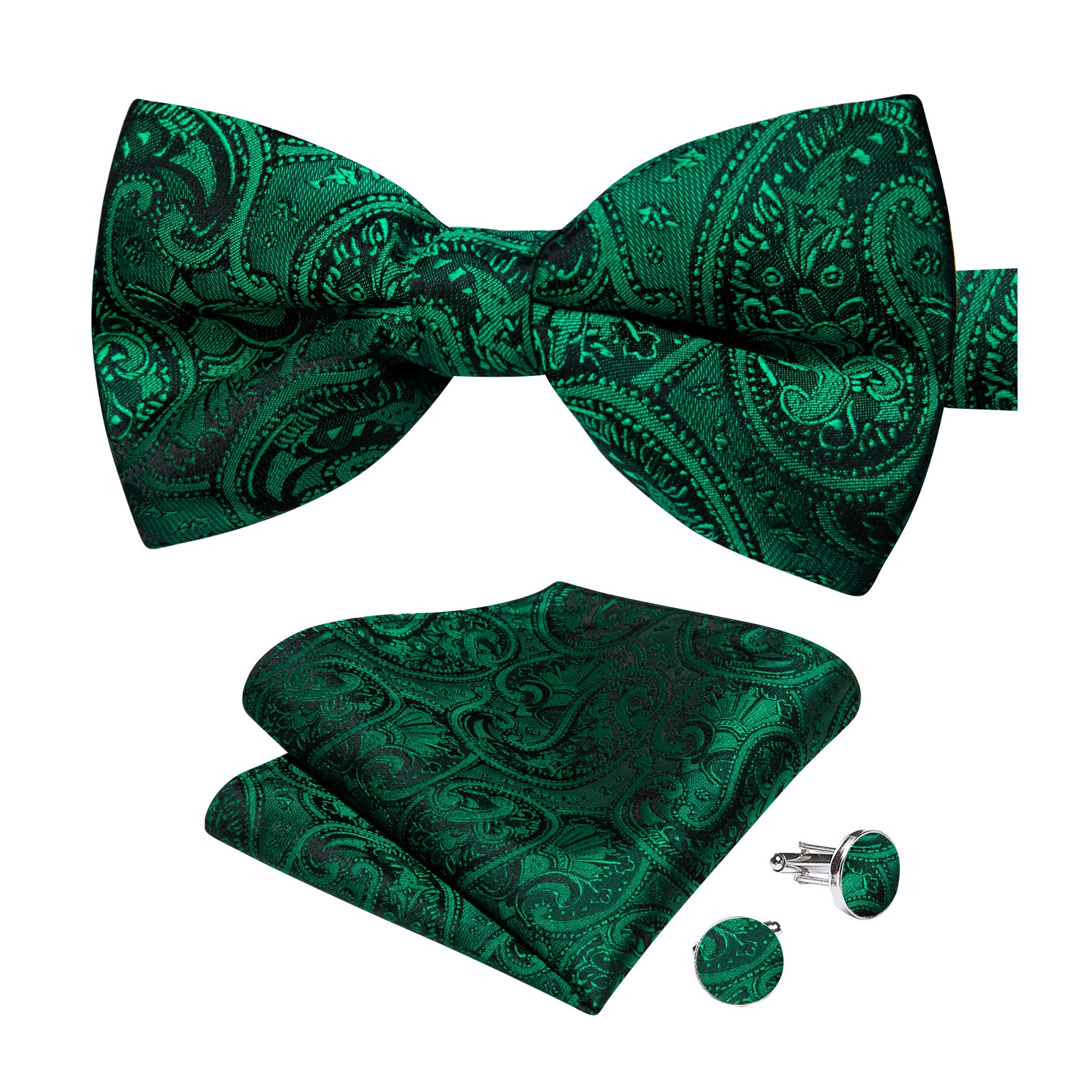 Green Paisley Silk Bowtie Pocket Square Cufflinks Set