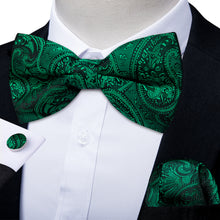 Green Paisley Silk Bowtie Pocket Square Cufflinks Set