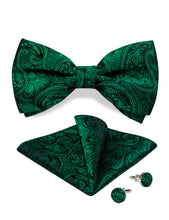 Green Paisley Silk Bowtie Pocket Square Cufflinks Set