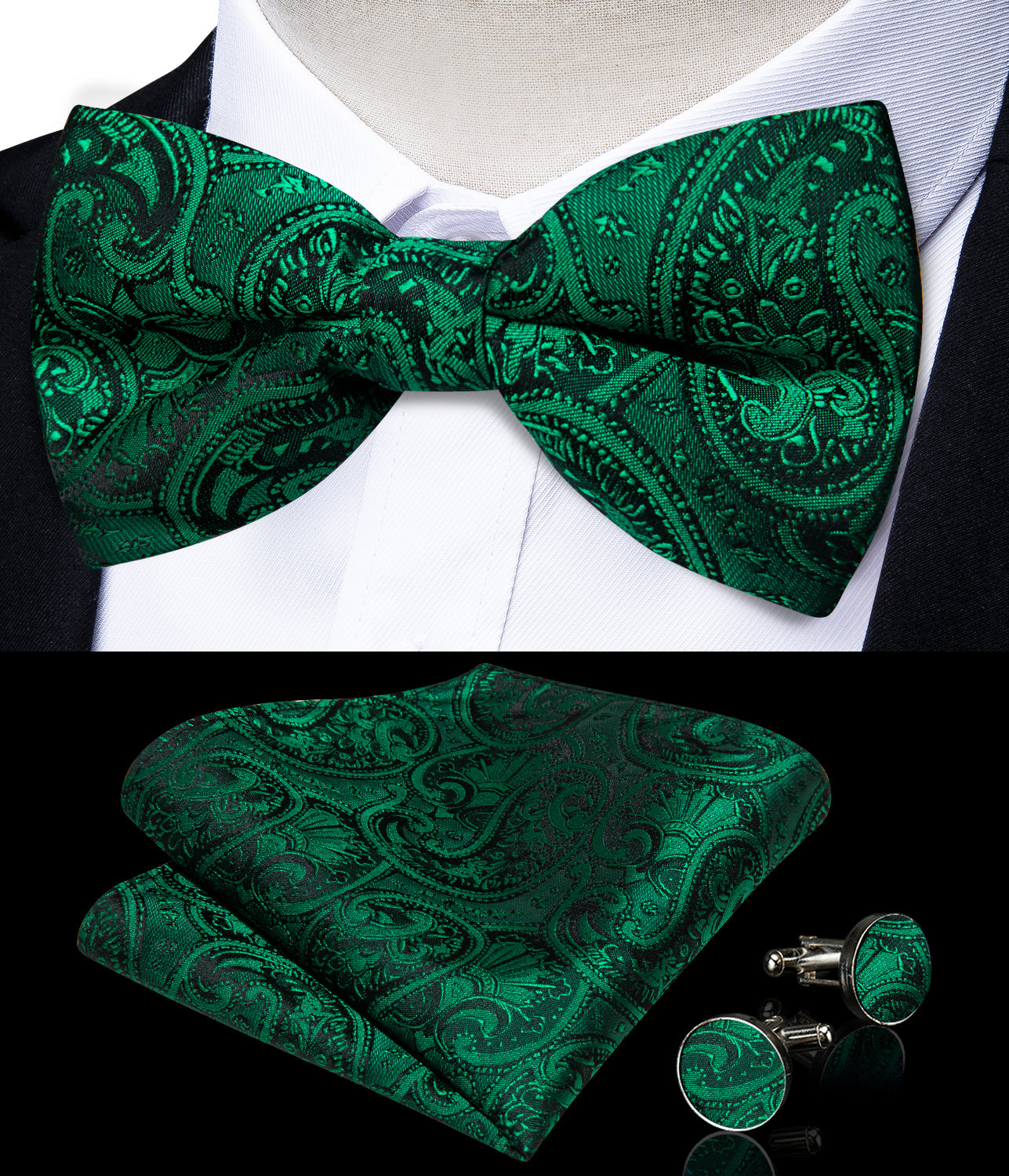 Green Paisley Silk Bowtie Pocket Square Cufflinks Set