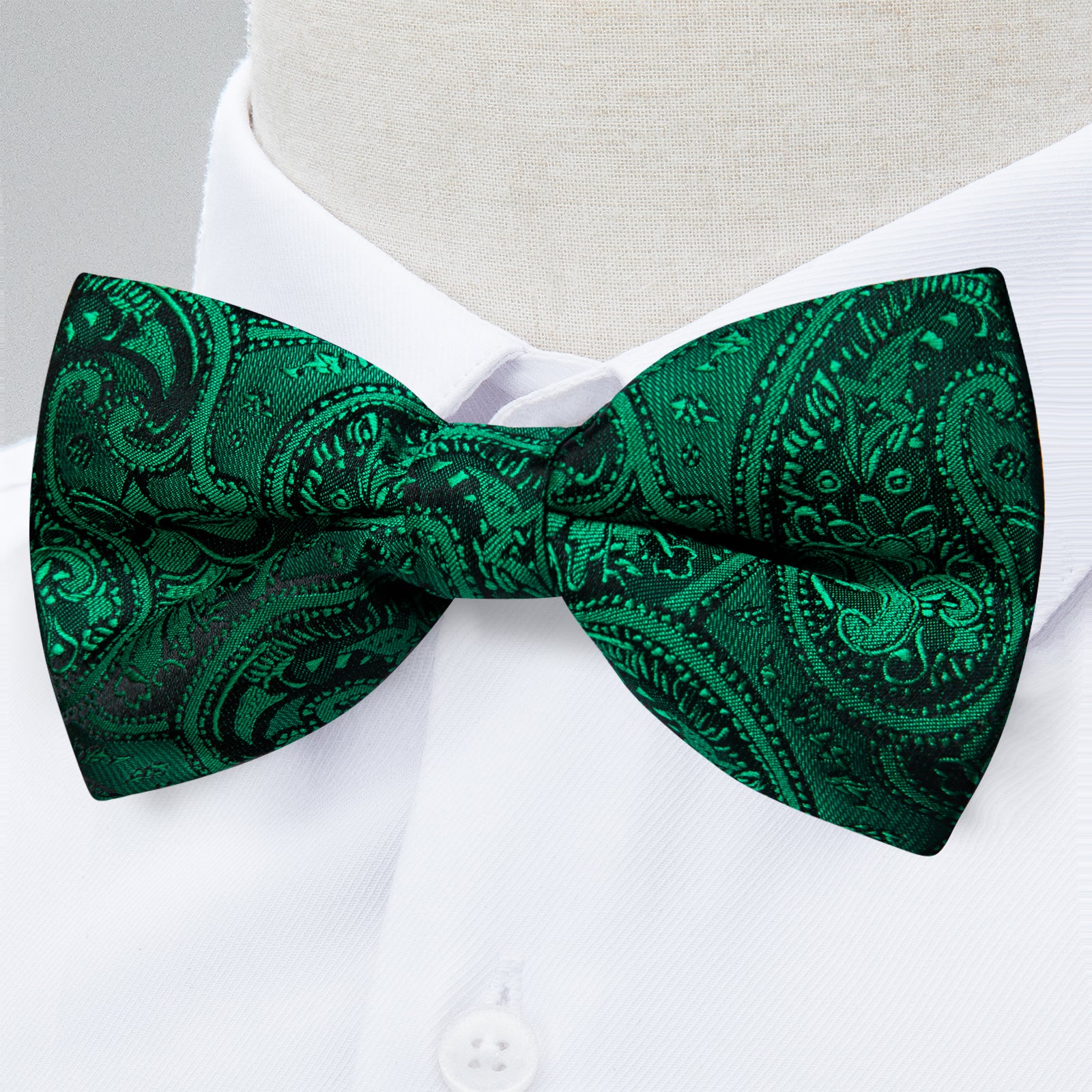 Green Paisley Silk Bowtie Pocket Square Cufflinks Set