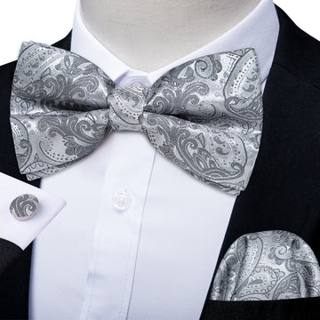 Silver Grey Floral Silk Bowtie Pocket Square Cufflinks Set