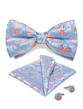 Blue Pink Floral Silk Bowtie Pocket Square Cufflinks Set