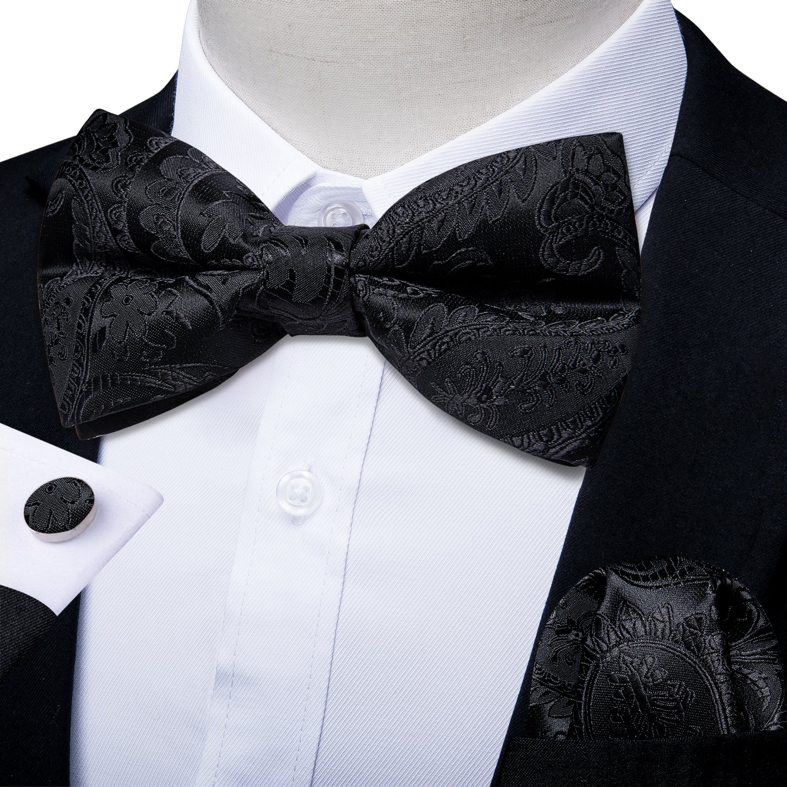 Black Floral Silk Bowtie Pocket Square Cufflinks Set