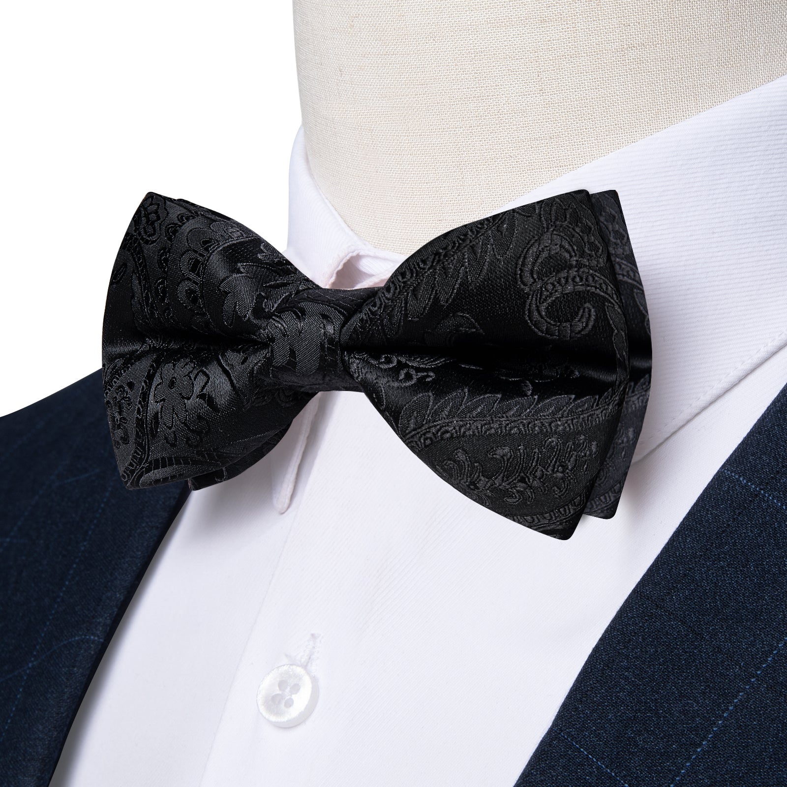 Black Floral Silk Bowtie Pocket Square Cufflinks Set