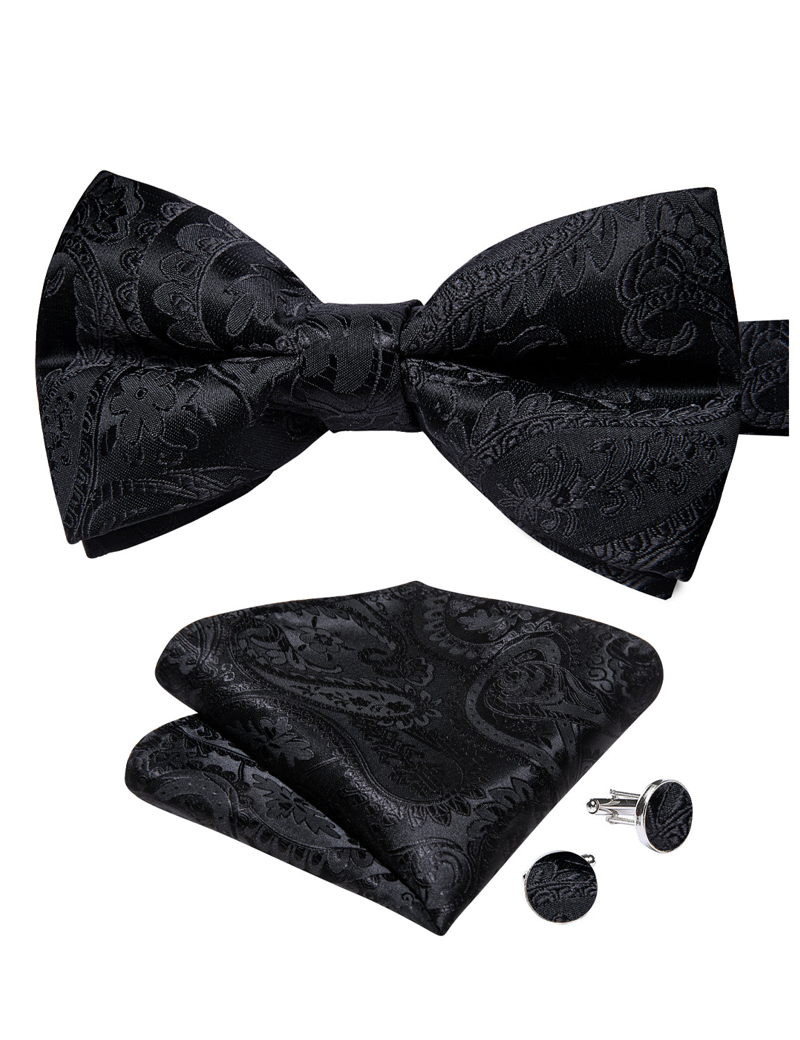 Black Floral Silk Bowtie Pocket Square Cufflinks Set