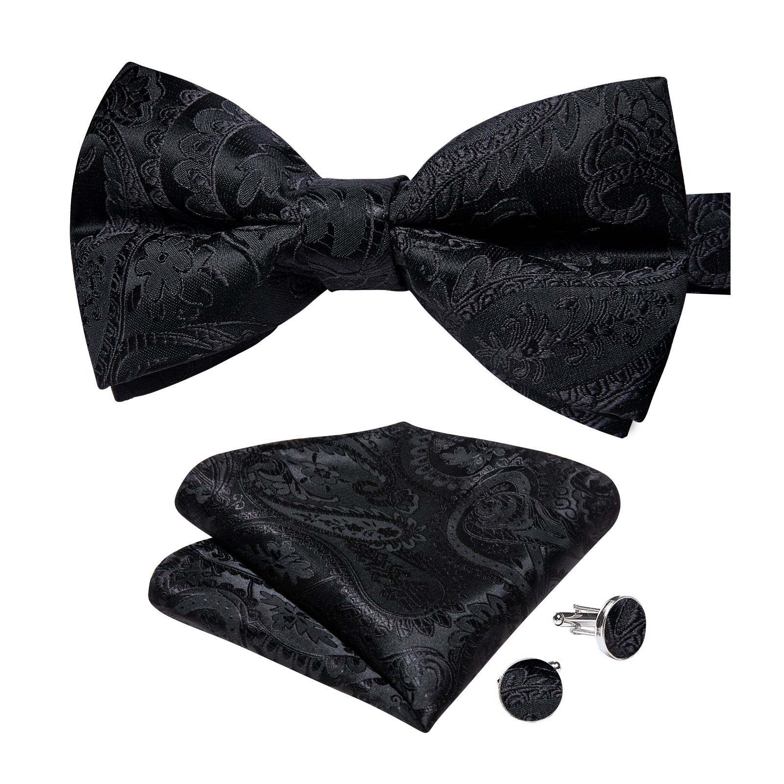 Black Floral Silk Bowtie Pocket Square Cufflinks Set