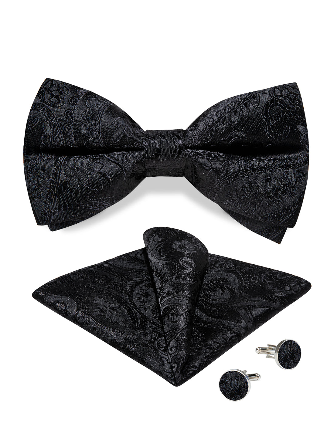 Black Floral Silk Bowtie Pocket Square Cufflinks Set