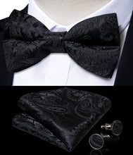 Black Floral Silk Bowtie Pocket Square Cufflinks Set