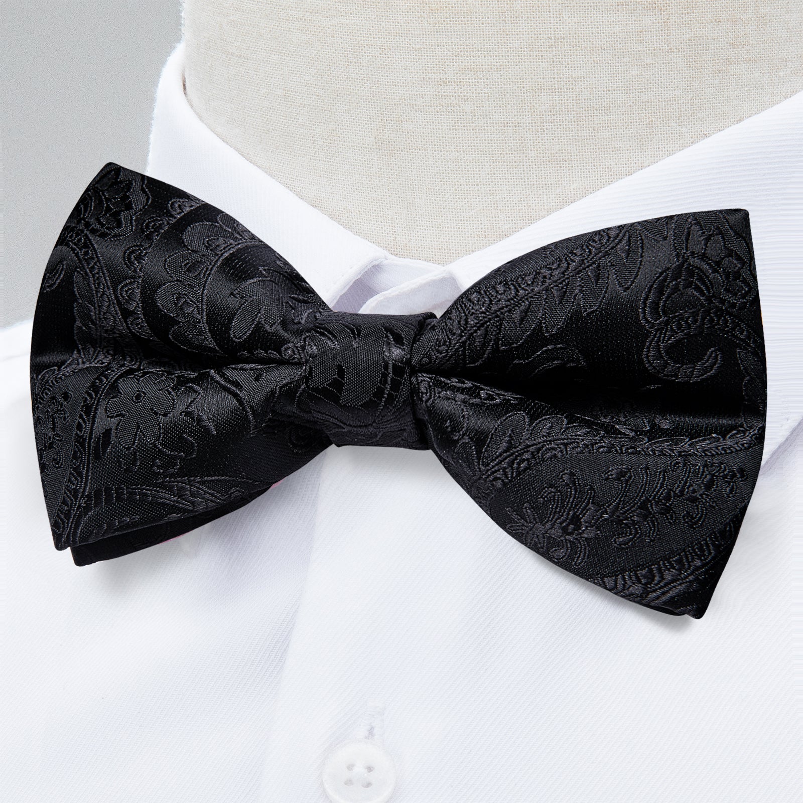 Black Floral Silk Bowtie Pocket Square Cufflinks Set