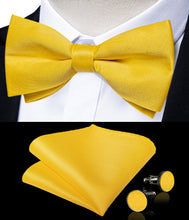Yellow Satin Men's Pre-Bowtie Pocket Square Cufflinks Set