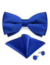 Blue Solid Silk Men's Pre-Bowtie Pocket Square Cufflinks Set
