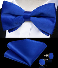 Blue Solid Silk Men's Pre-Bowtie Pocket Square Cufflinks Set