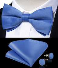 Blue Solid Satin Men's Pre-Bowtie Pocket Square Cufflinks Set