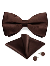 Brown Solid Silk Men's Pre-Bowtie Pocket Square Cufflinks Set