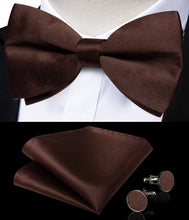 Brown Solid Silk Men's Pre-Bowtie Pocket Square Cufflinks Set