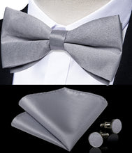 Grey Satin Men's Pre-Bowtie Pocket Square Cufflinks Set