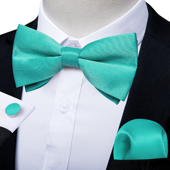 Mint Green Satin Men's Pre-Bowtie Pocket Square Cufflinks Set