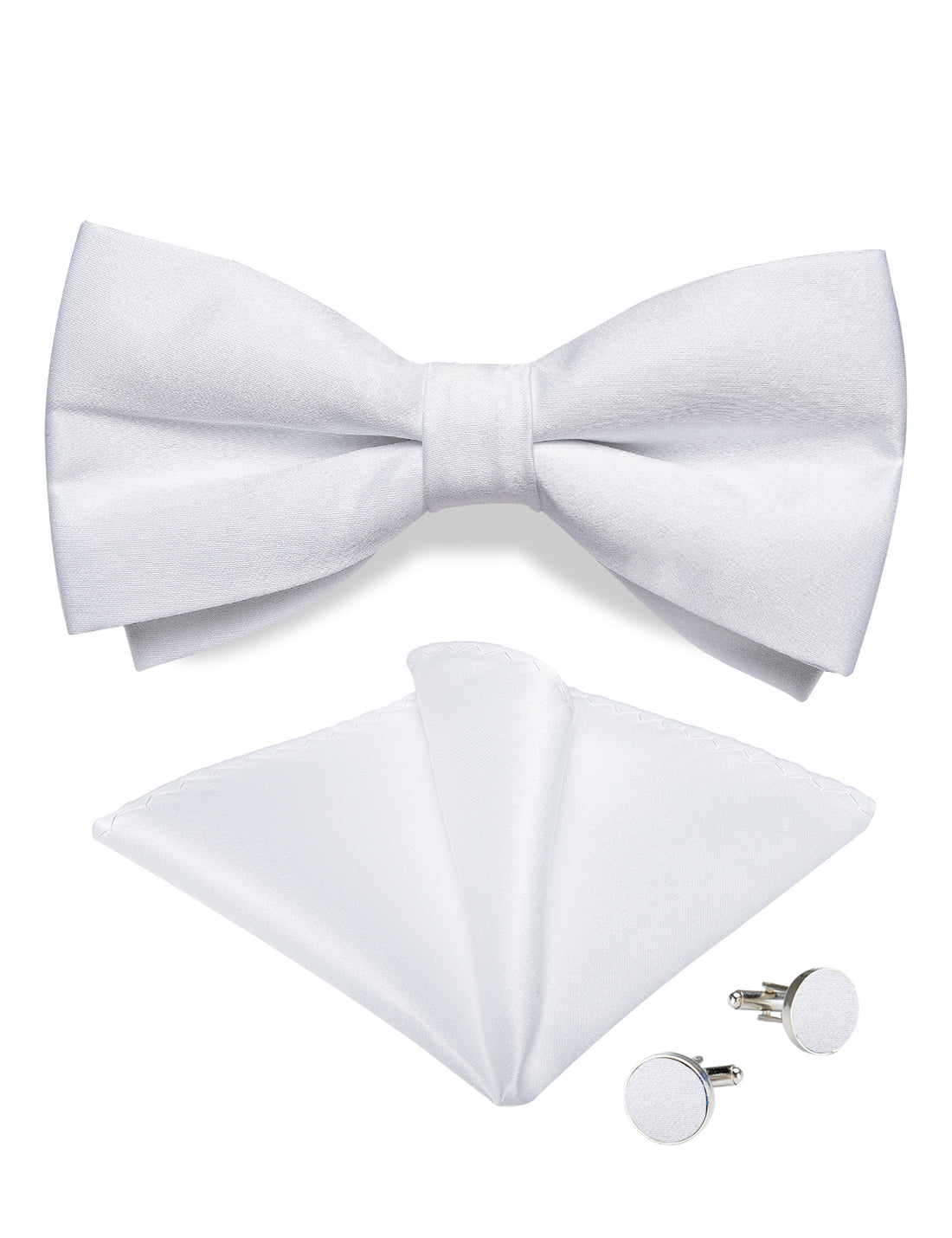 White Satin Men's Pre-Bowtie Pocket Square Cufflinks Set