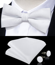 White Satin Men's Pre-Bowtie Pocket Square Cufflinks Set