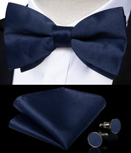 Dark Blue Solid Silk Men's Pre-Bowtie Pocket Square Cufflinks Set
