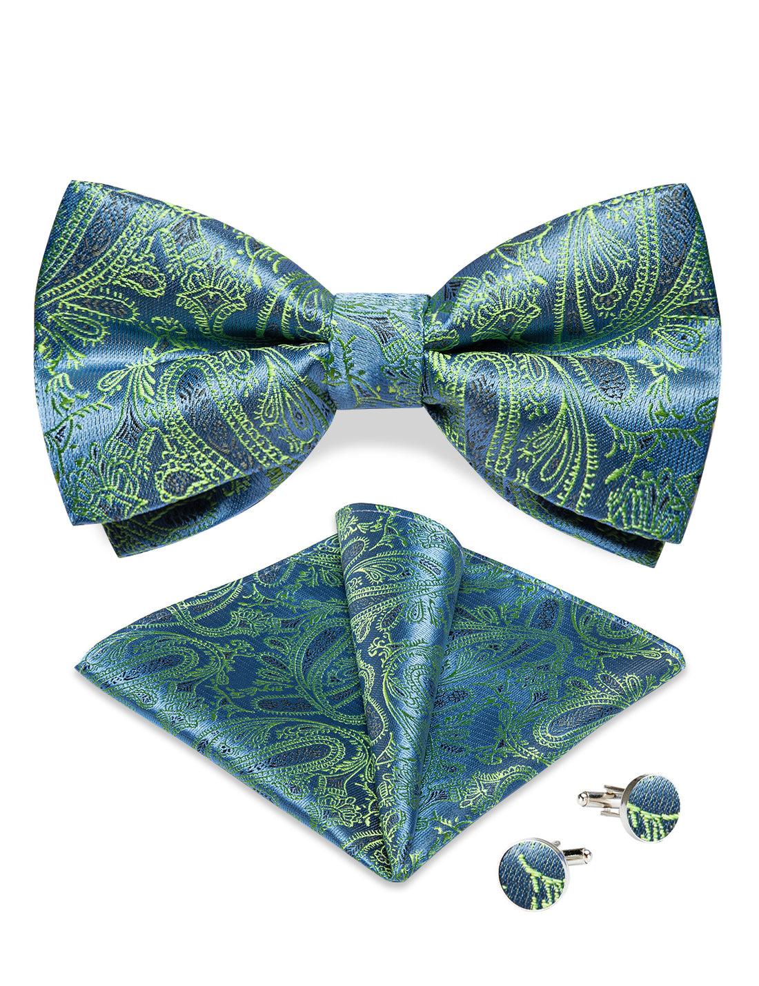 Emerald Yellow Paisley Silk Bowtie Pocket Square Cufflinks Set