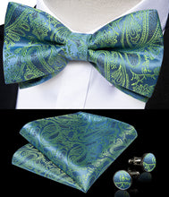 Emerald Yellow Paisley Silk Bowtie Pocket Square Cufflinks Set