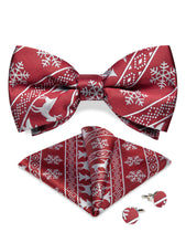 Christmas Red Solid Siver Elk Snowflake Silk Bowtie Pocket Square Cufflinks Set