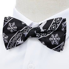Christmas White Snowflake Elk Black Solid Silk Bowtie Pocket Square Cufflinks Set