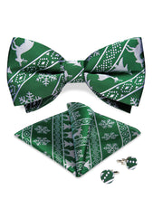 Christmas Green Solid Siver Elk Snowflake Silk Bowtie Pocket Square Cufflinks Set