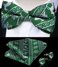 Christmas Green Solid Siver Elk Snowflake Silk Bowtie Pocket Square Cufflinks Set