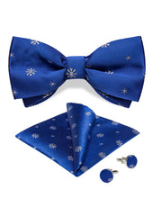 Christmas Blue Stripe Snowflake Bowtie Pocket Square Cufflinks Set