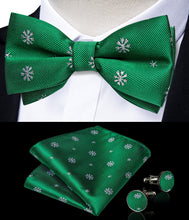 Christmas Green Stripe Snowflake Bowtie Pocket Square Cufflinks Set