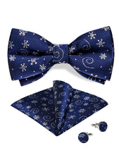 Christmas Blue Solid Silver Snowflake Silk Bowtie Pocket Square Cufflinks Set
