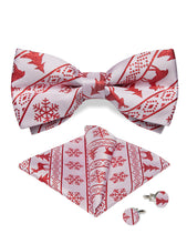 Christmas Silver Grey Red Elk Snowflake Bowtie Pocket Square Cufflinks Set