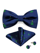 Christmas Tree Blue Solid Silk Bowtie Pocket Square Cufflinks Set