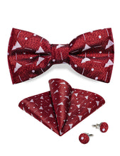 Christmas Tree Red Solid Silk Bowtie Pocket Square Cufflinks Set
