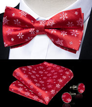 Christmas Red Solid Silver Snowflake Silk Bowtie Pocket Square Cufflinks Set