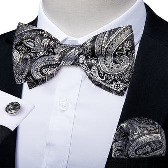 Silver Grey Floral Silk Men's Pre-Bowtie Pocket Square Cufflinks Set